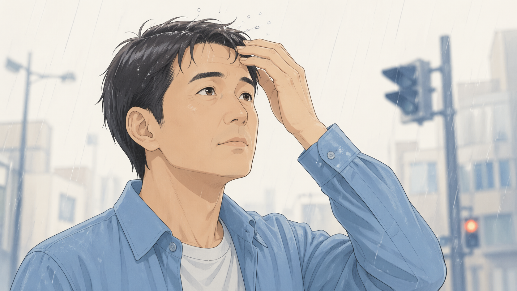 AGAとは何かを初心者向けに超わかりやすく整理。受診目安、オンラインAGA相談の使い方まで解説 19 雨の日におでこへ雨粒が当たりAGAの密度低下を実感する男性