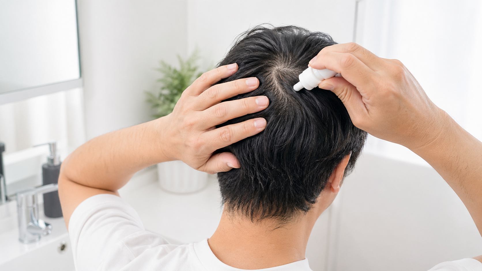 洗面台で髪を分けてAGA外用薬を頭皮に塗る男性の手元