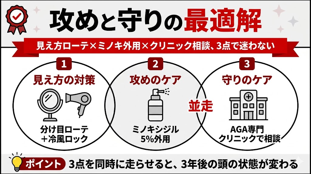 見え方対策とミノキシジル外用とクリニック相談の3点並走を示した図解