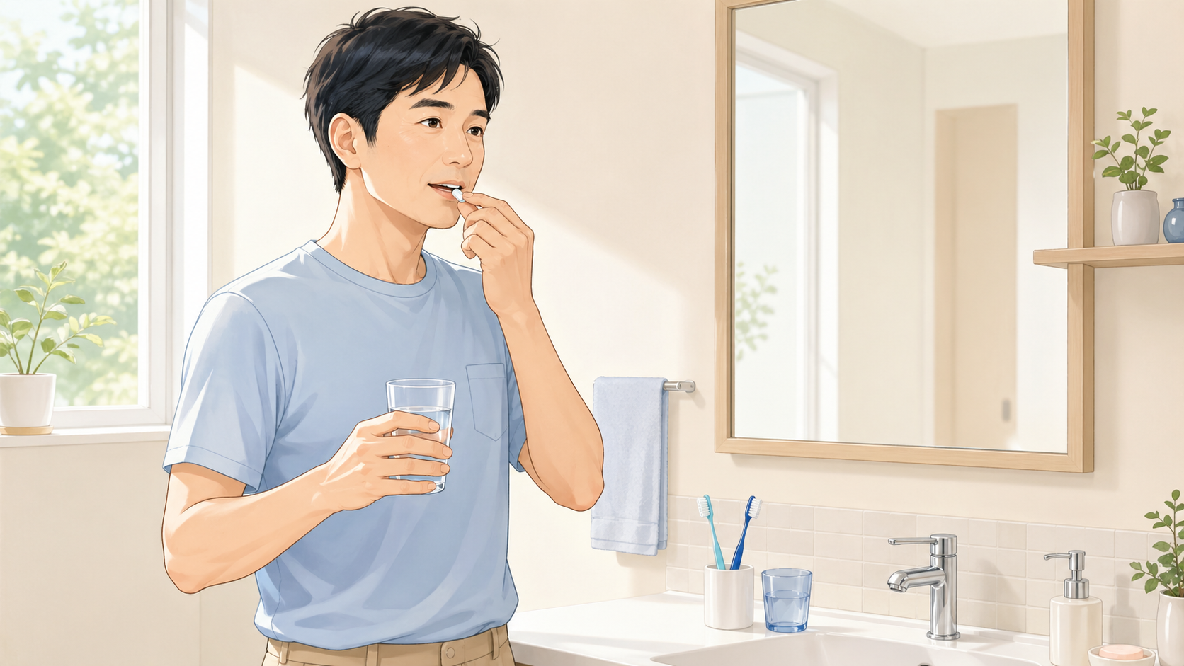 AGA内服薬を毎朝の歯磨き後に飲む習慣化シーン