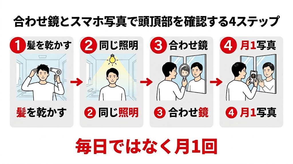 合わせ鏡とスマホ写真で頭頂部を確認する手順