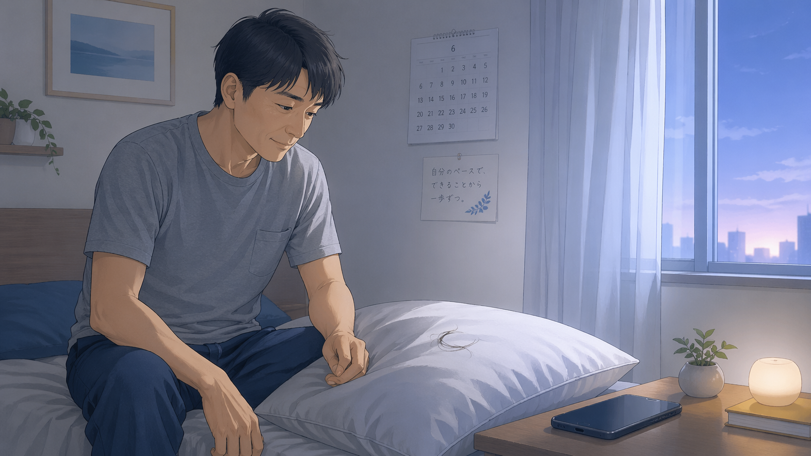 深夜、枕元の抜け毛を静かに見つめる30代男性のイラスト（ギャンブルのストレスによる抜け毛のイメージ）