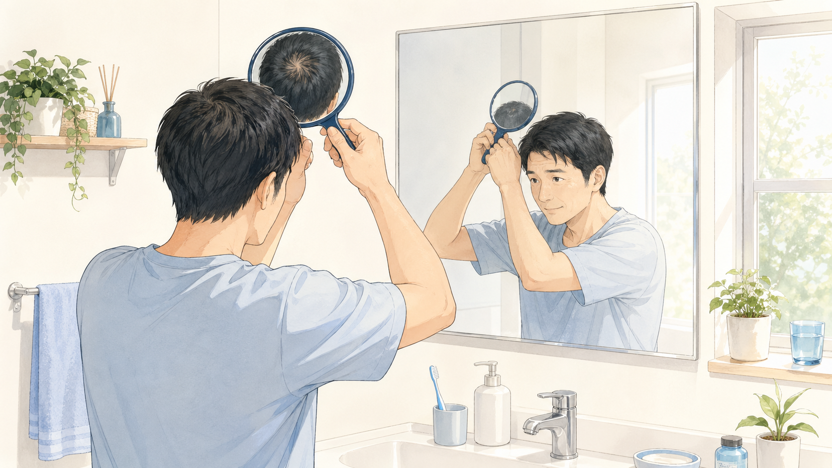 AGAを放置するとどうなる?2〜3ヶ月単位で進む|進行スピードの現実と受診目安〖早見表〗 20 合わせ鏡で頭頂部の薄毛進行を確認している男性のイラスト