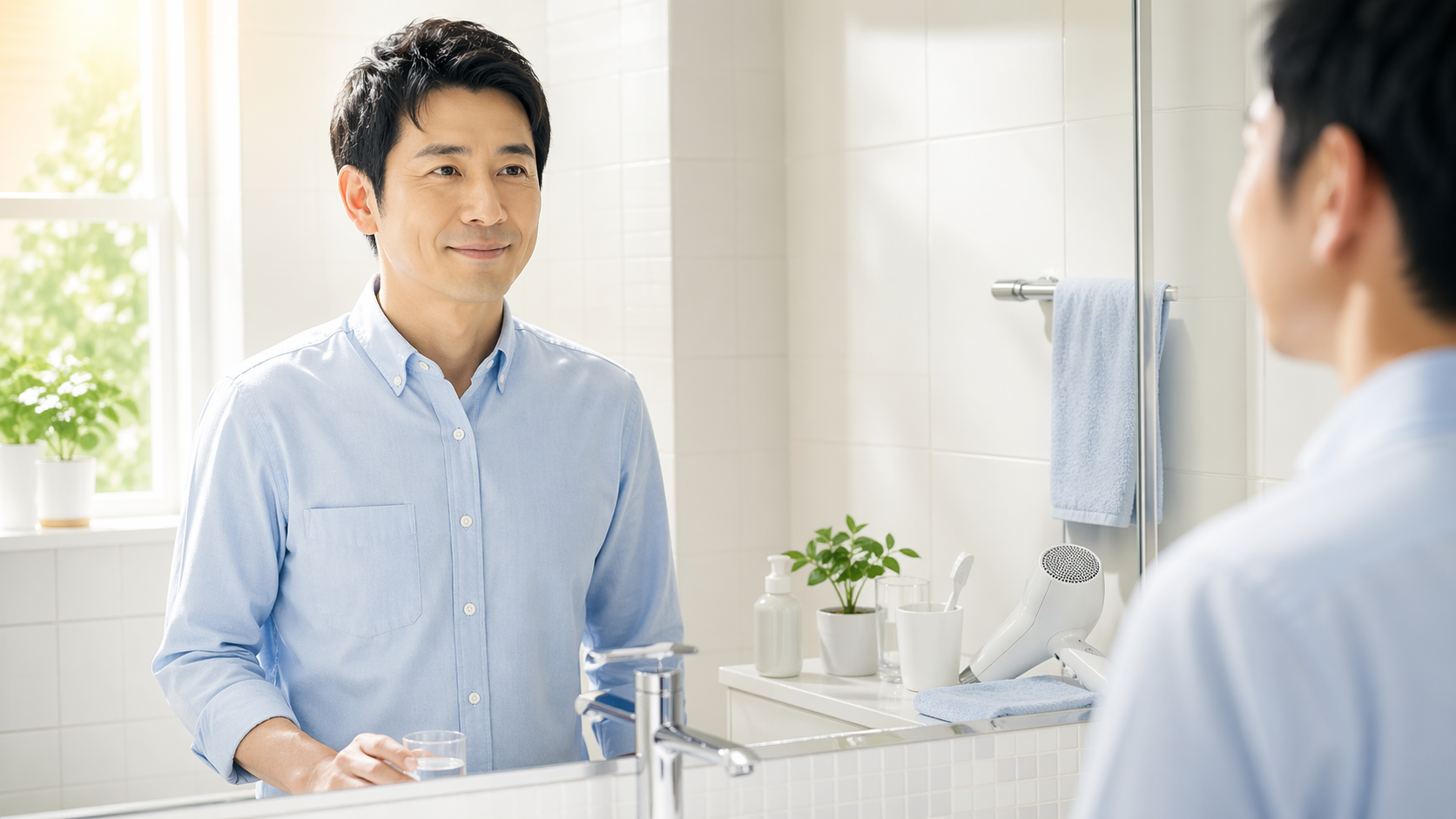 朝の洗面台で鏡を見ながら前向きな表情でセットを確認する30代後半の日本人男性のイラスト