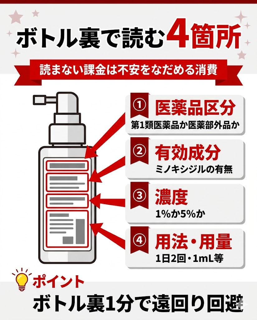 発毛剤ボトル裏の成分・濃度・医薬品区分の読み方を示す図解