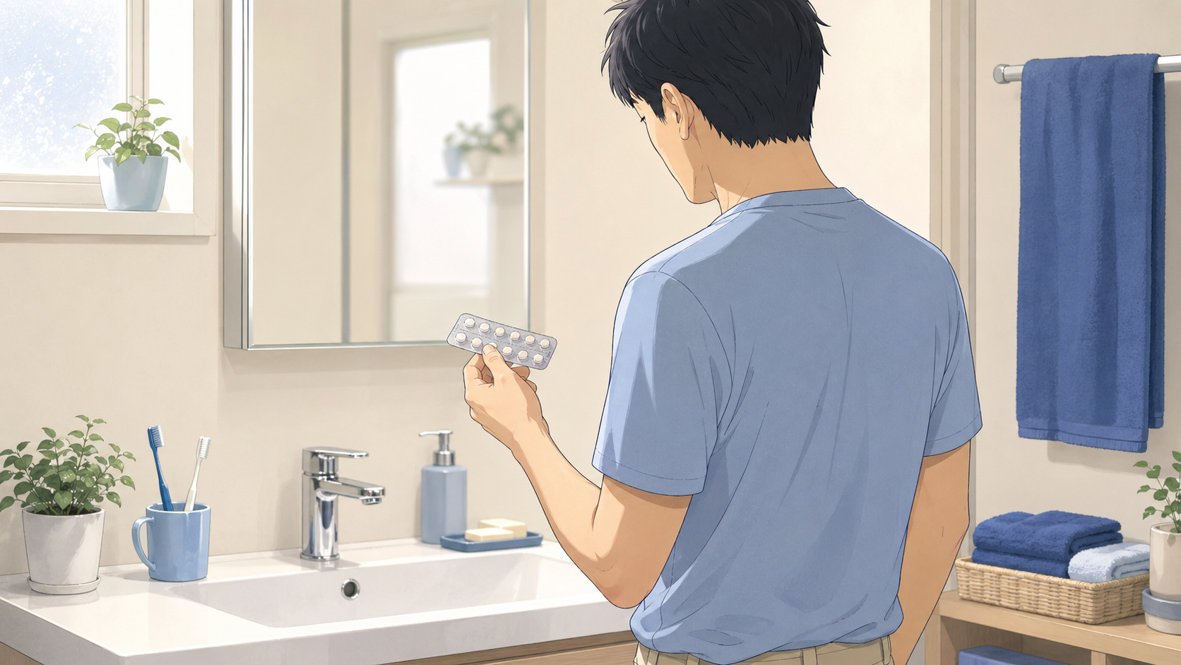AGA治療の薬を続けるかやめるか迷う男性のイラスト