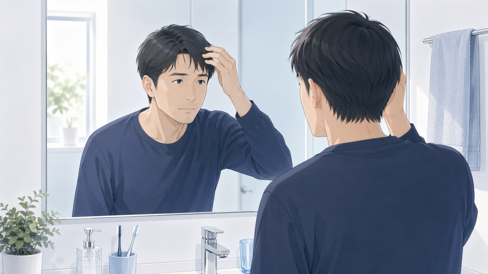 スカルプシャンプーで遠回りした朝、鏡の前でセットが決まらず地肌が見えてきた20代男性の手元