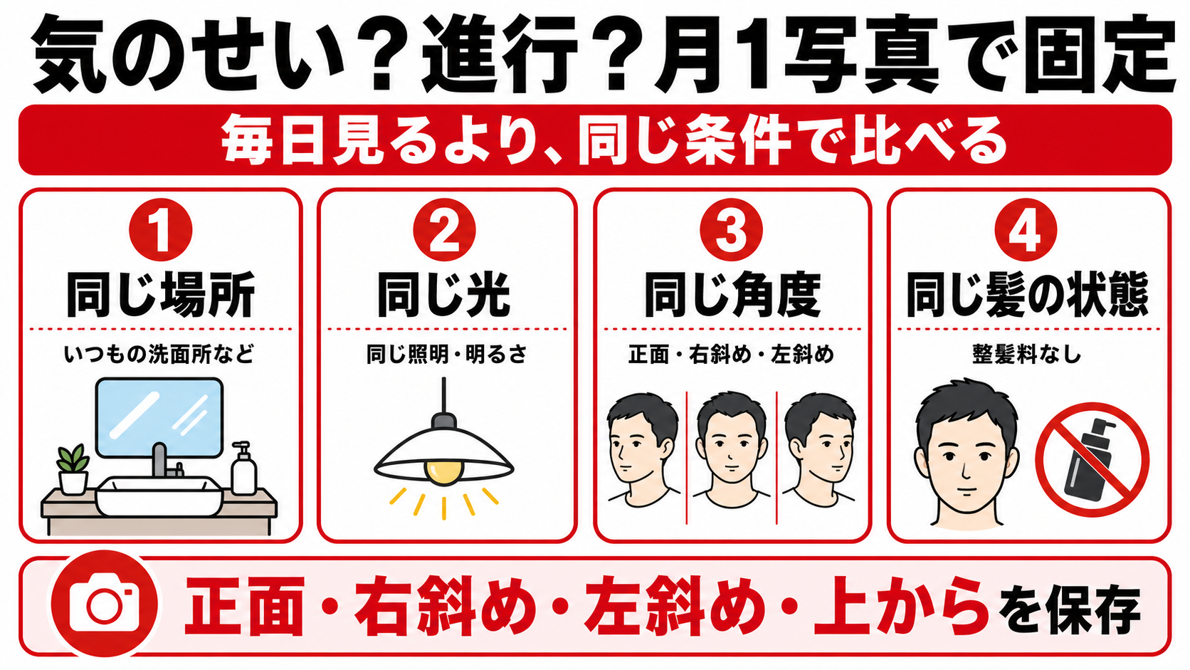 M字生え際後退を月1回の同条件写真で確認するルール