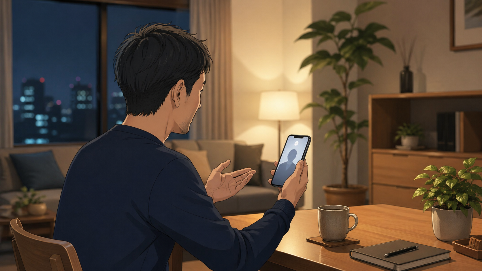自宅で夜間にスマホでオンラインAGA相談を受ける日本人男性のイメージ