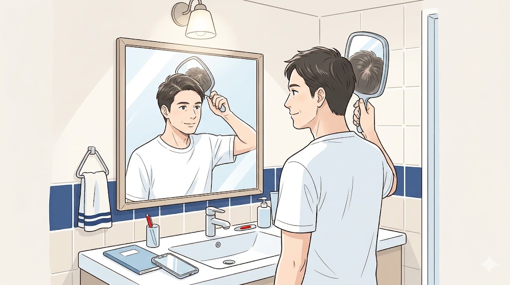 合わせ鏡で自分のつむじを確認する30代男性のイメージ