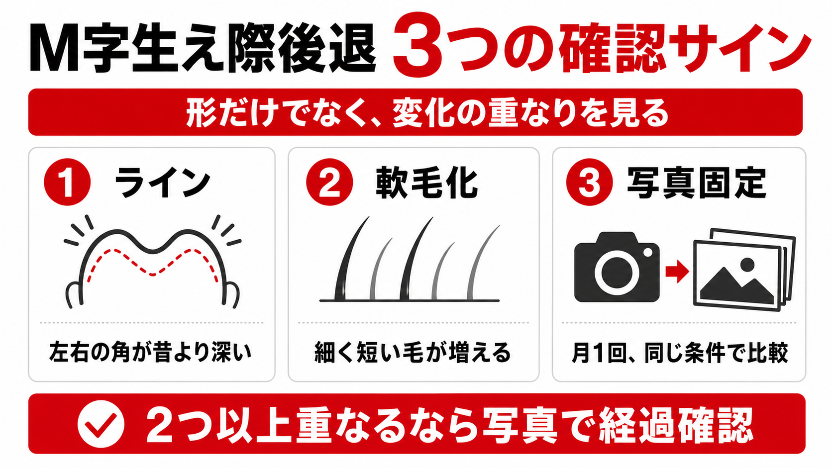 M字生え際後退を確認するラインと軟毛化と同条件写真の3サイン