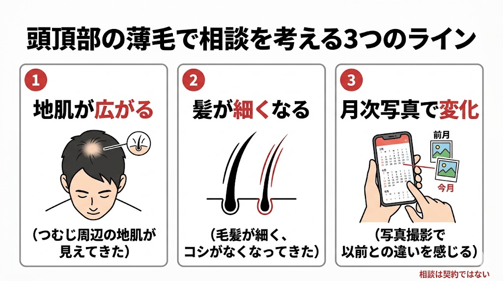 頭頂部の薄毛で相談を考える3つのライン