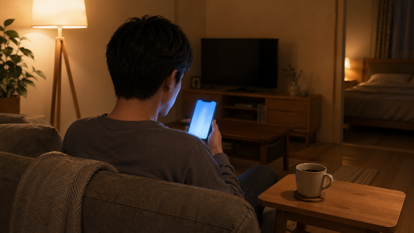 初期脱毛の不安で検索をやめてオンライン相談を確認する男性