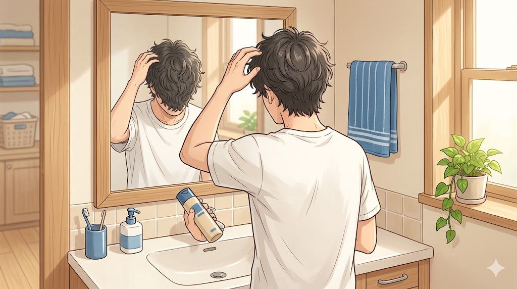 30代男性が洗面所で軽めのパーマヘアを整える朝のシーン