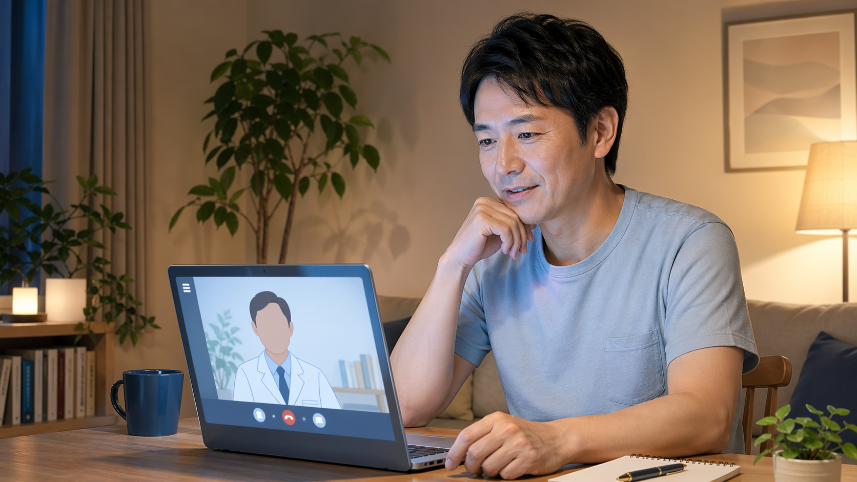 自宅からオンライン相談を受ける男性|AGAクリニックの無料カウンセリングを自宅で受診