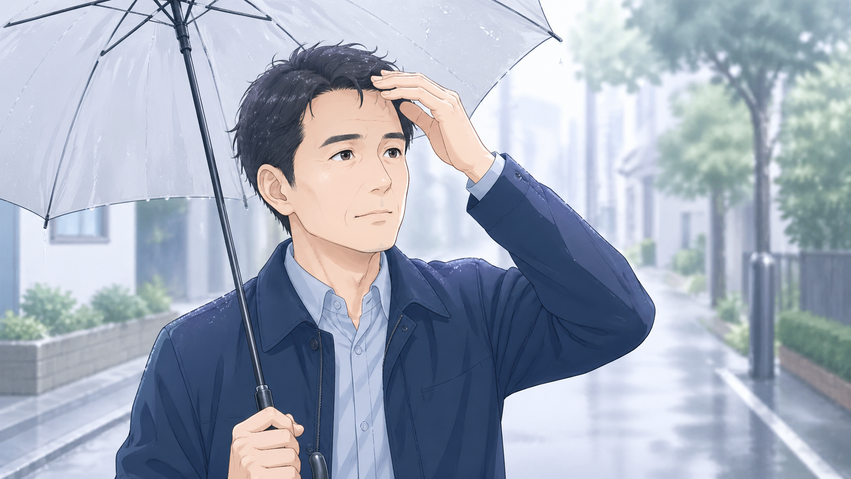 雨粒がおでこに当たってAGA初期サインに気づく男性