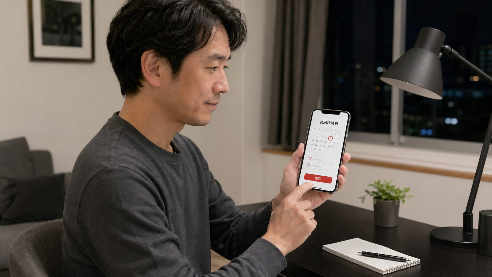 AGA定期配送の次回決済日をスマホで確認する男性