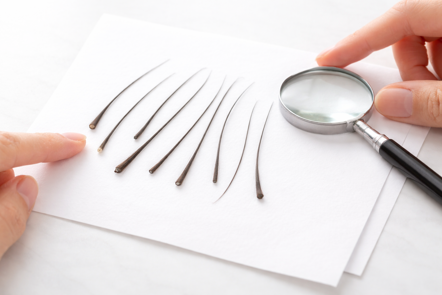 白い紙の上に並べた髪の毛を虫眼鏡で見比べ、太さの違いを確認している写真