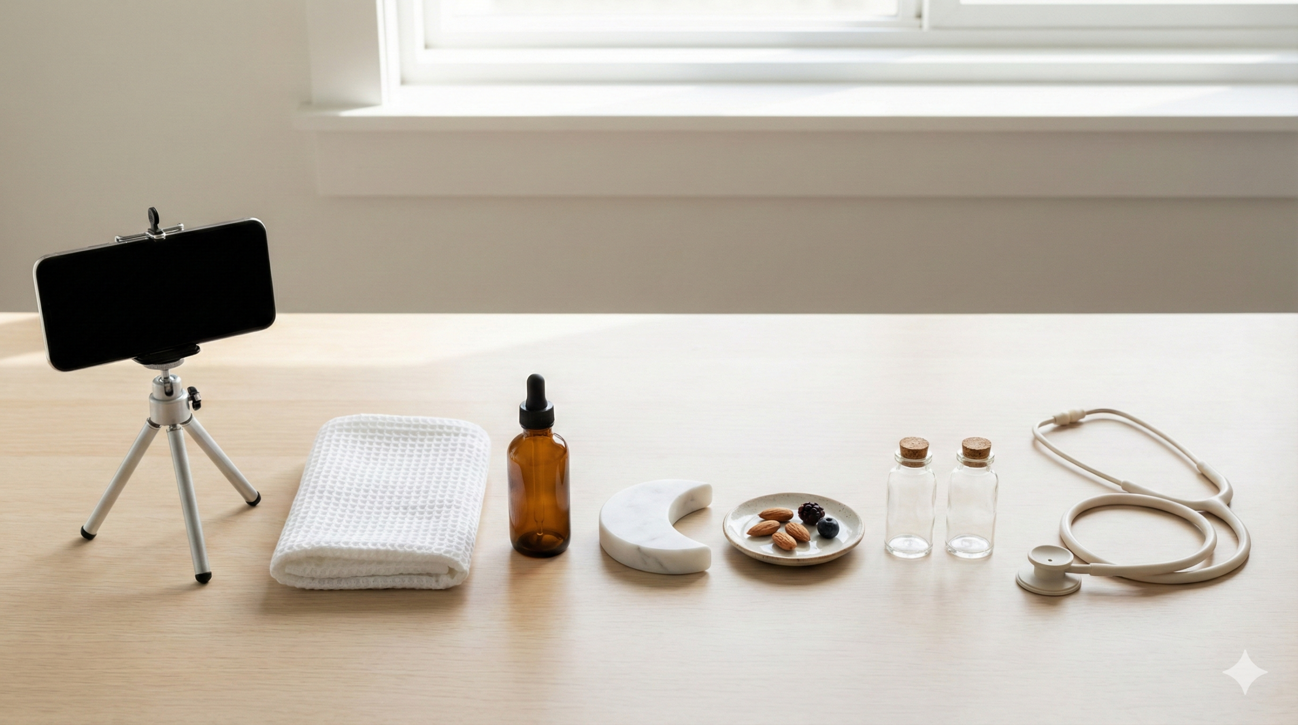 スマホ三脚と無地ボトル等で一人用の対策手順を示す机上