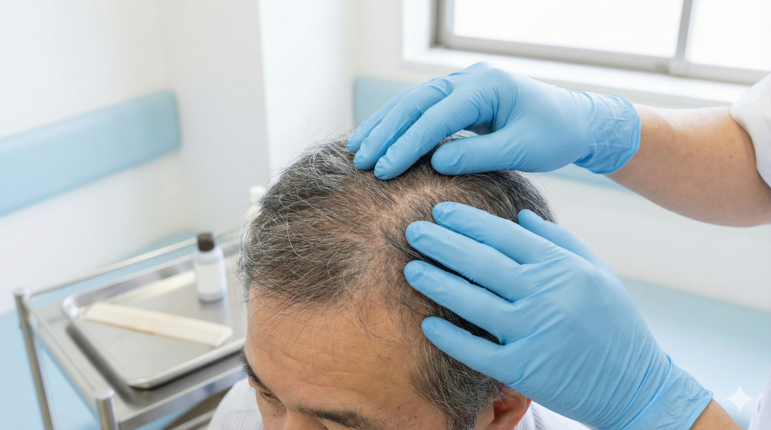 診察室で頭皮をやさしく確認する手元