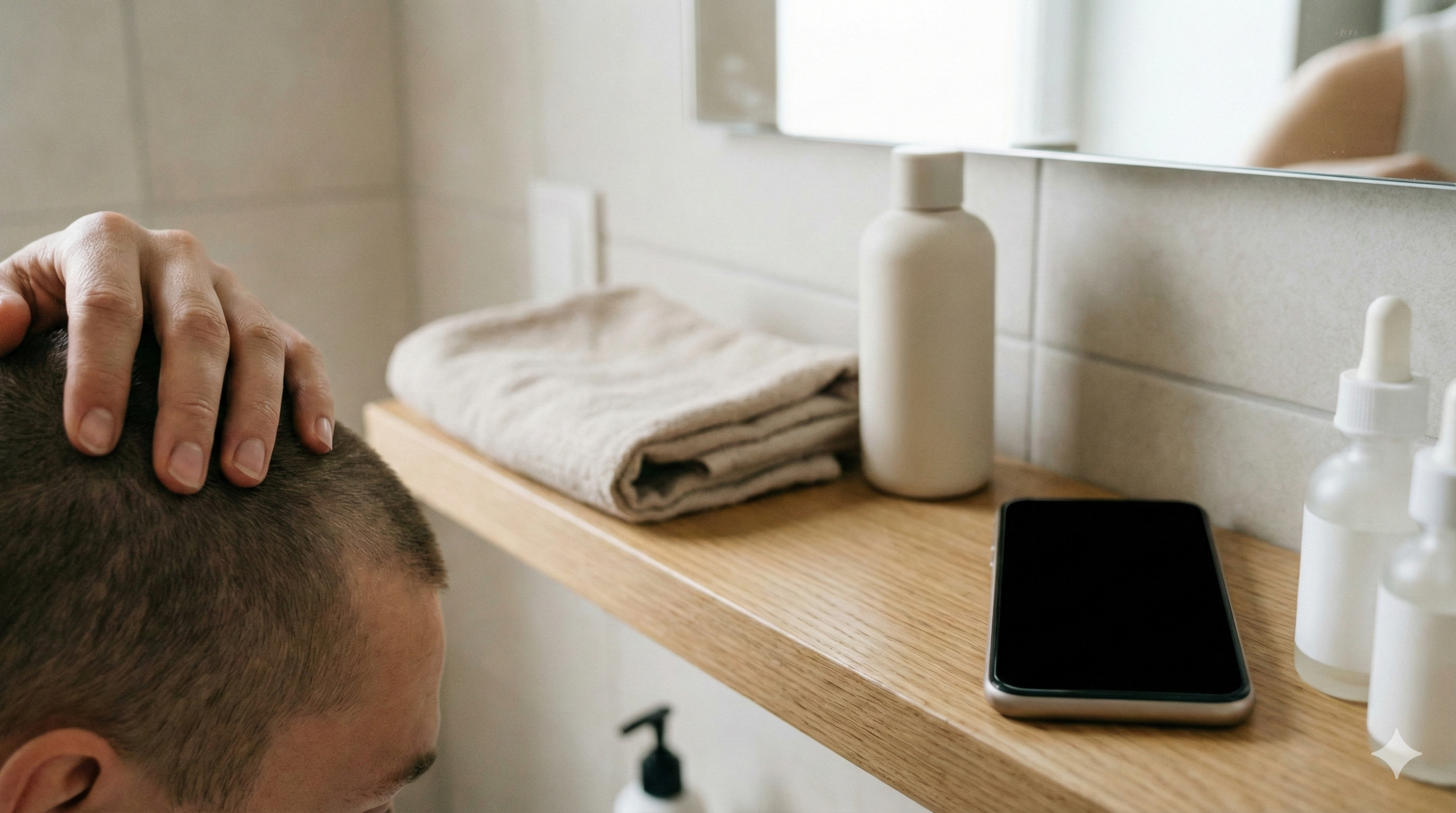 頭皮をやさしく確認する手元と清潔な洗面所の小物