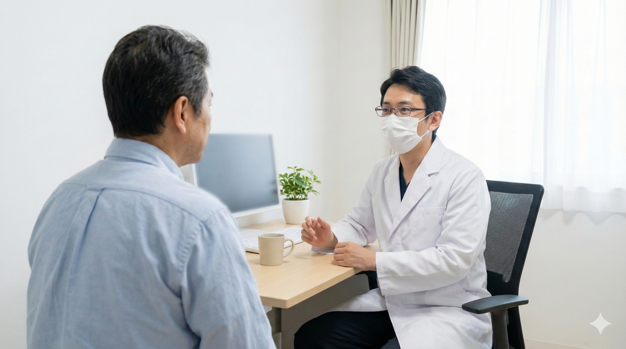 診察室で医師と相談する様子を背中越しに捉えた場面