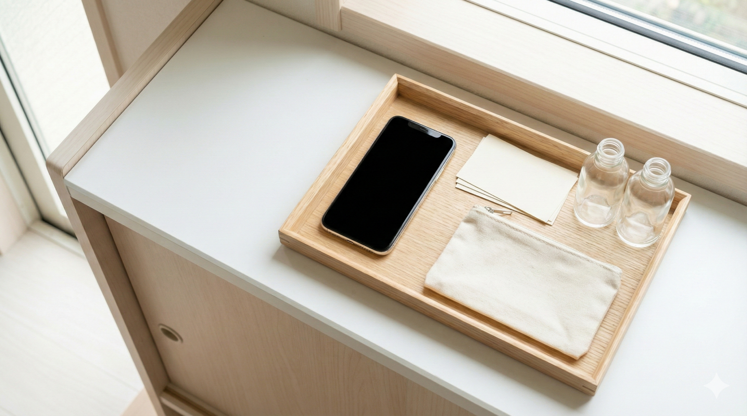 トレーに写真とメモ代わりの無地カードを並べた様子