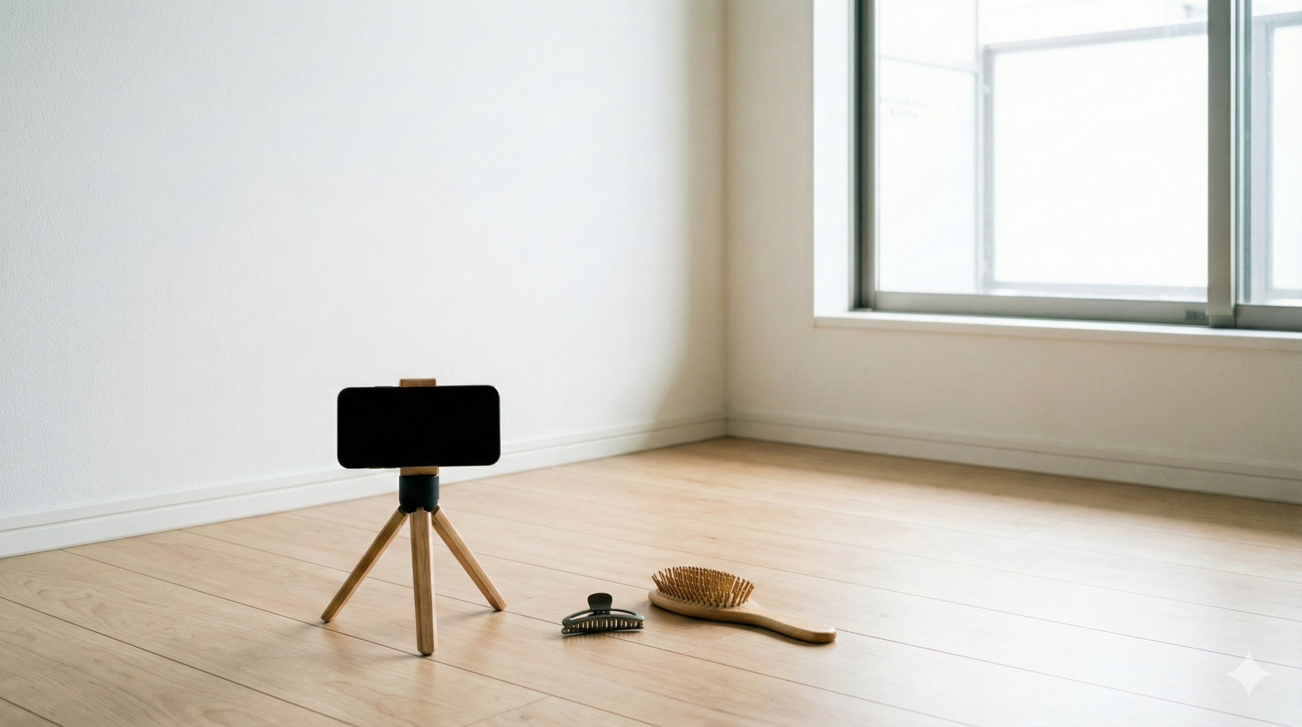 三脚に固定したスマホで頭頂部を撮る準備