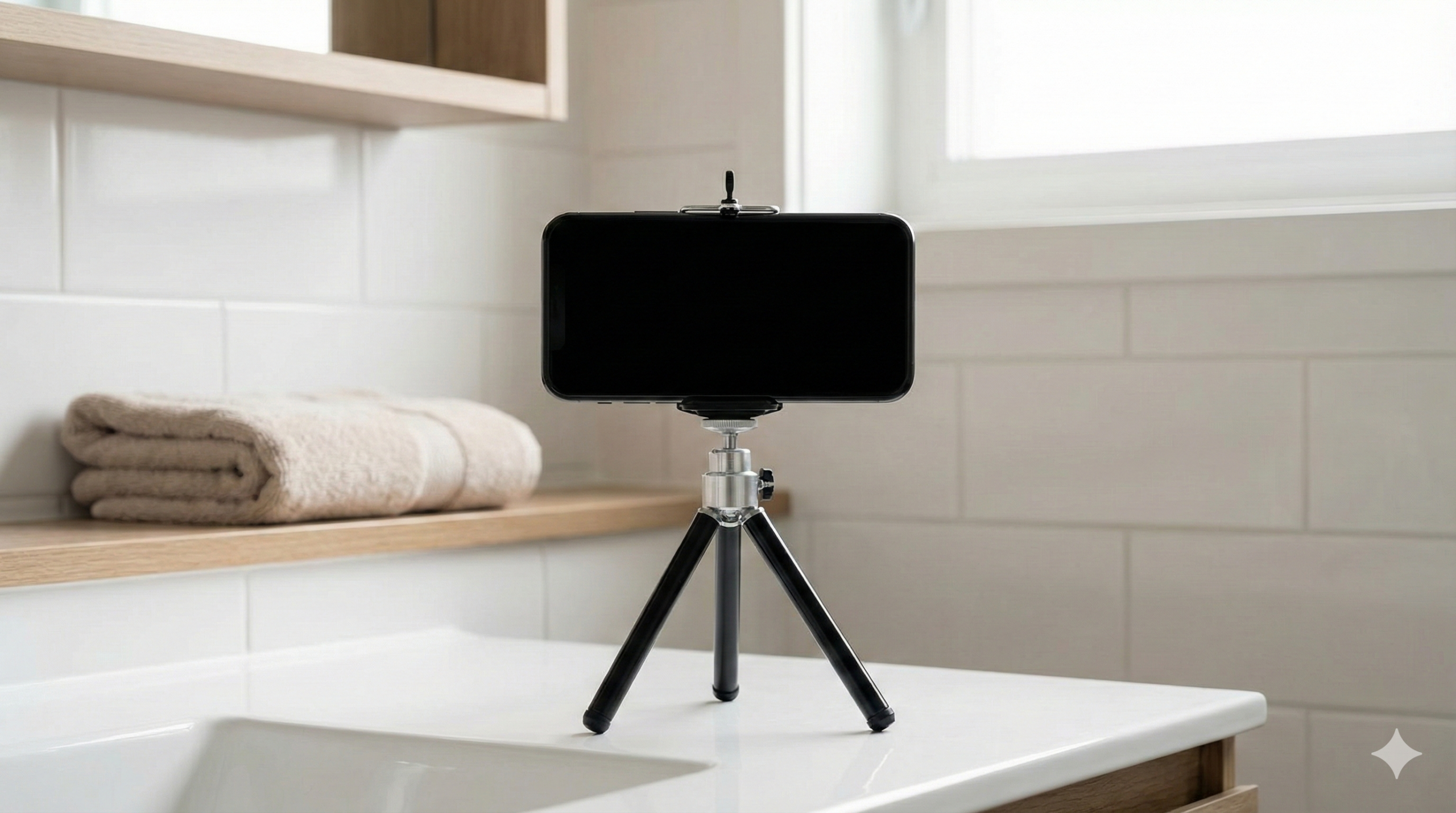 画面オフのスマホと三脚で月1記録を連想する洗面所