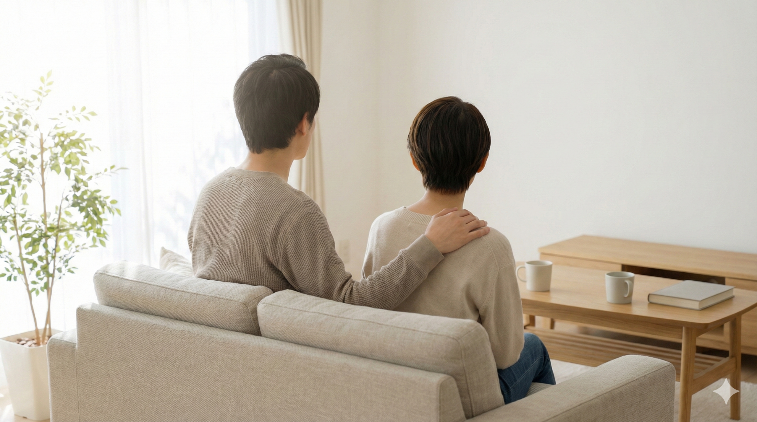 ソファで寄り添う二人の後ろ姿とやさしい雰囲気