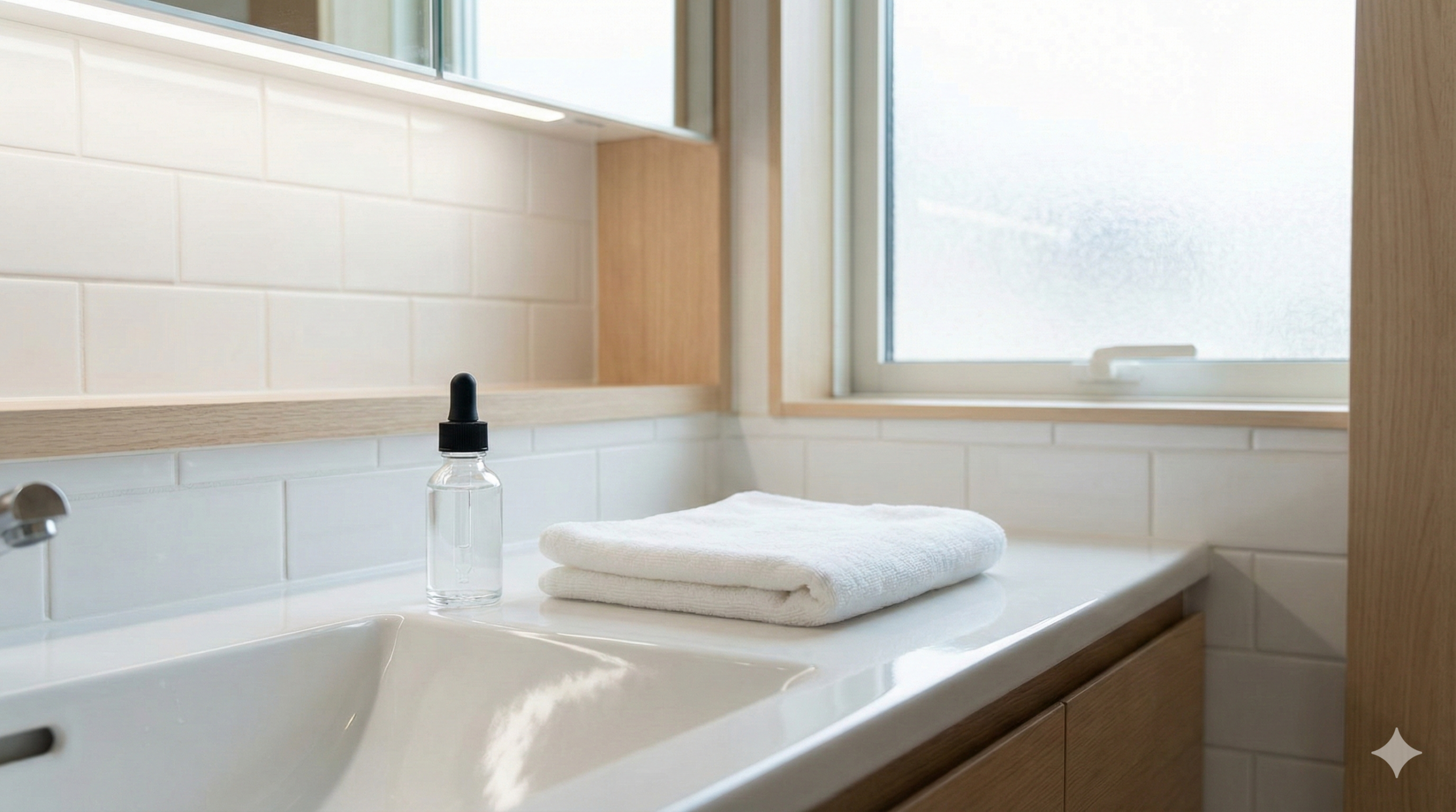 無地ボトルとスポイトが洗面台に置かれた様子