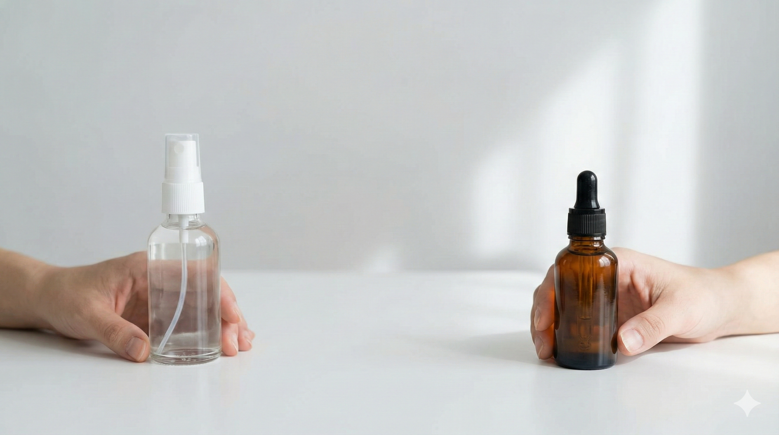 無地の2本のボトルを左右に並べて比較する手元