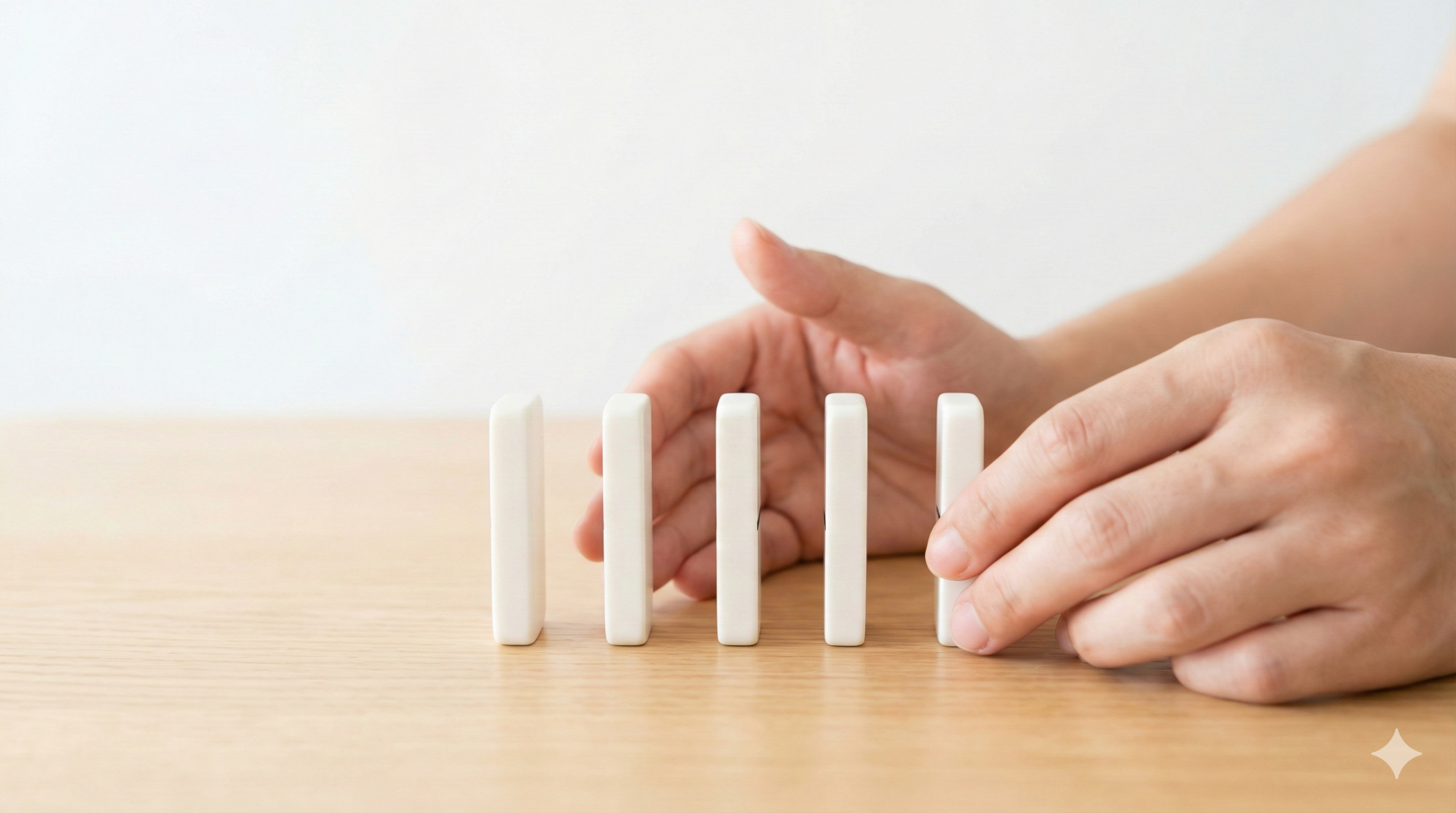 5本のドミノを整えて倒れにくくする手元