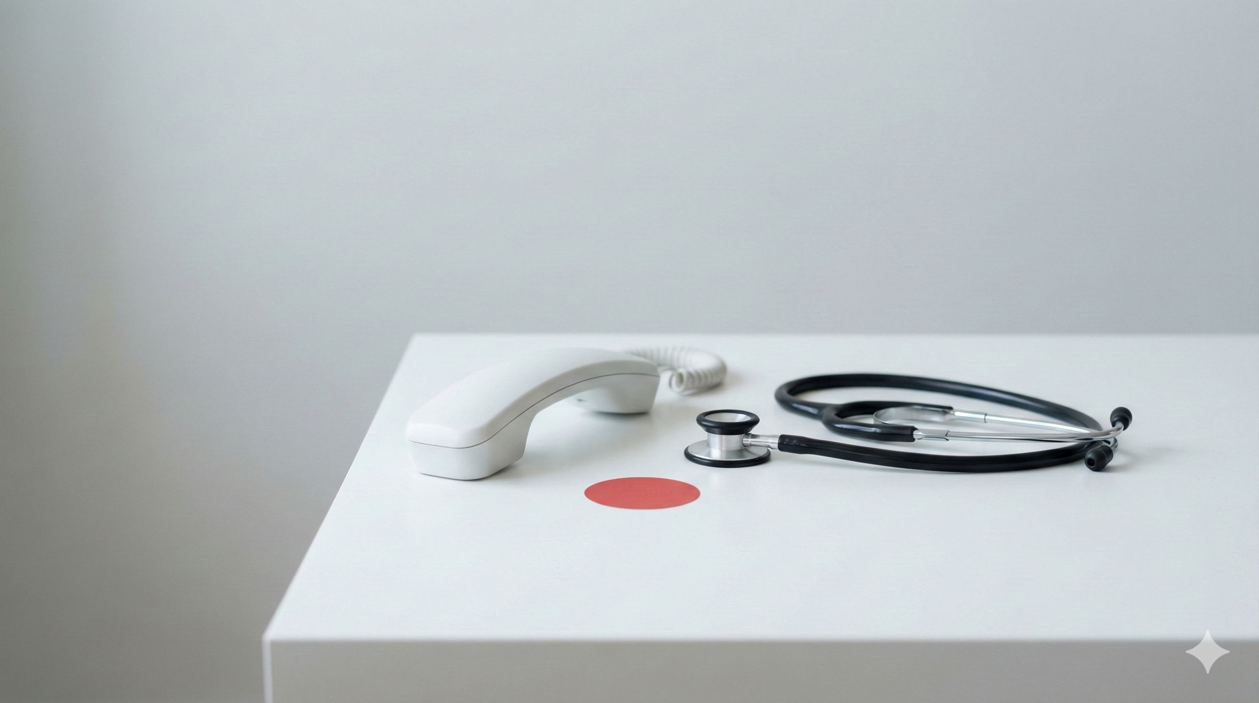 無地の受話器と聴診器が並ぶ落ち着いた相談イメージ