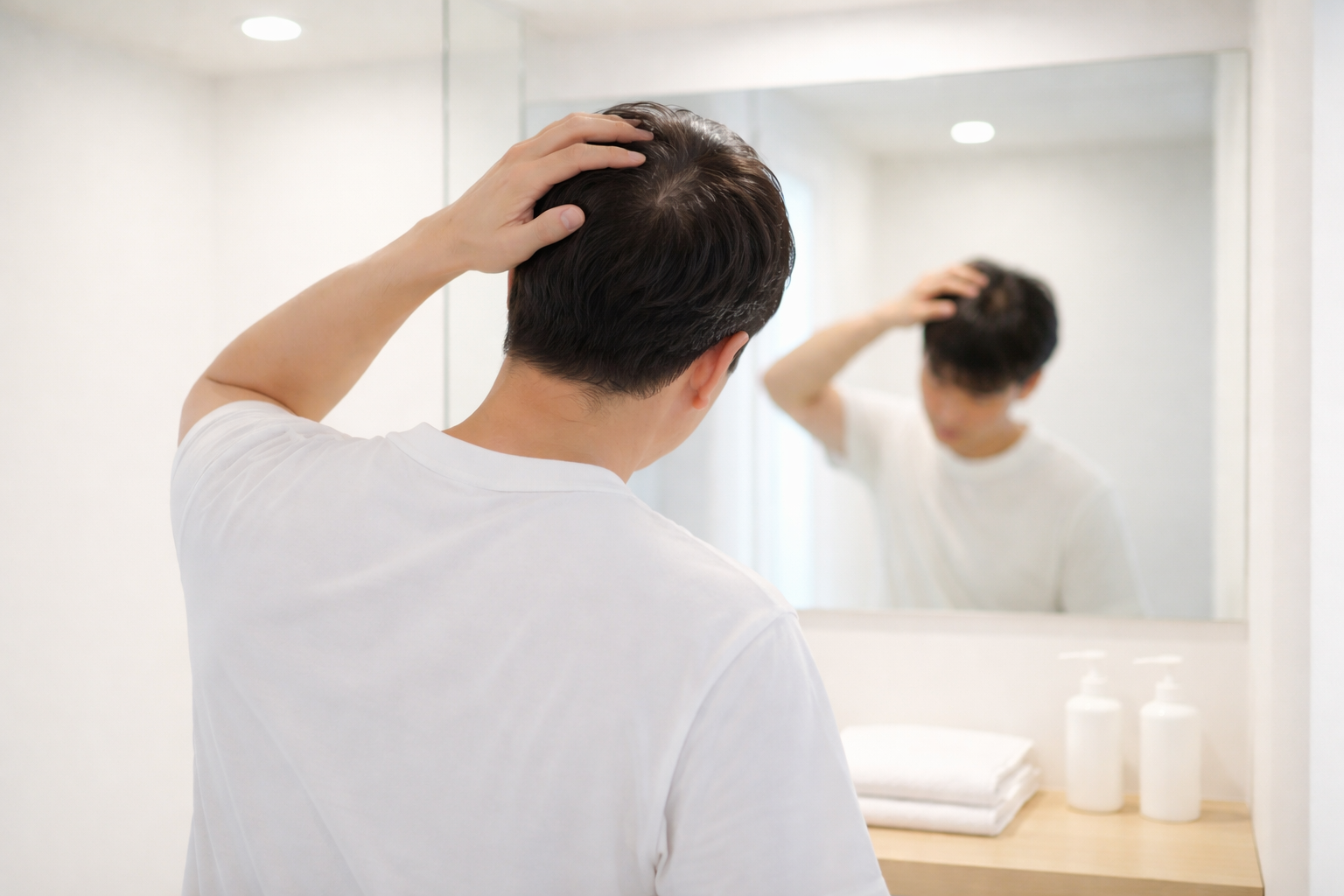 洗面所の鏡の前で、後頭部の髪を手で触りながら薄毛の変化を確認する男性の後ろ姿