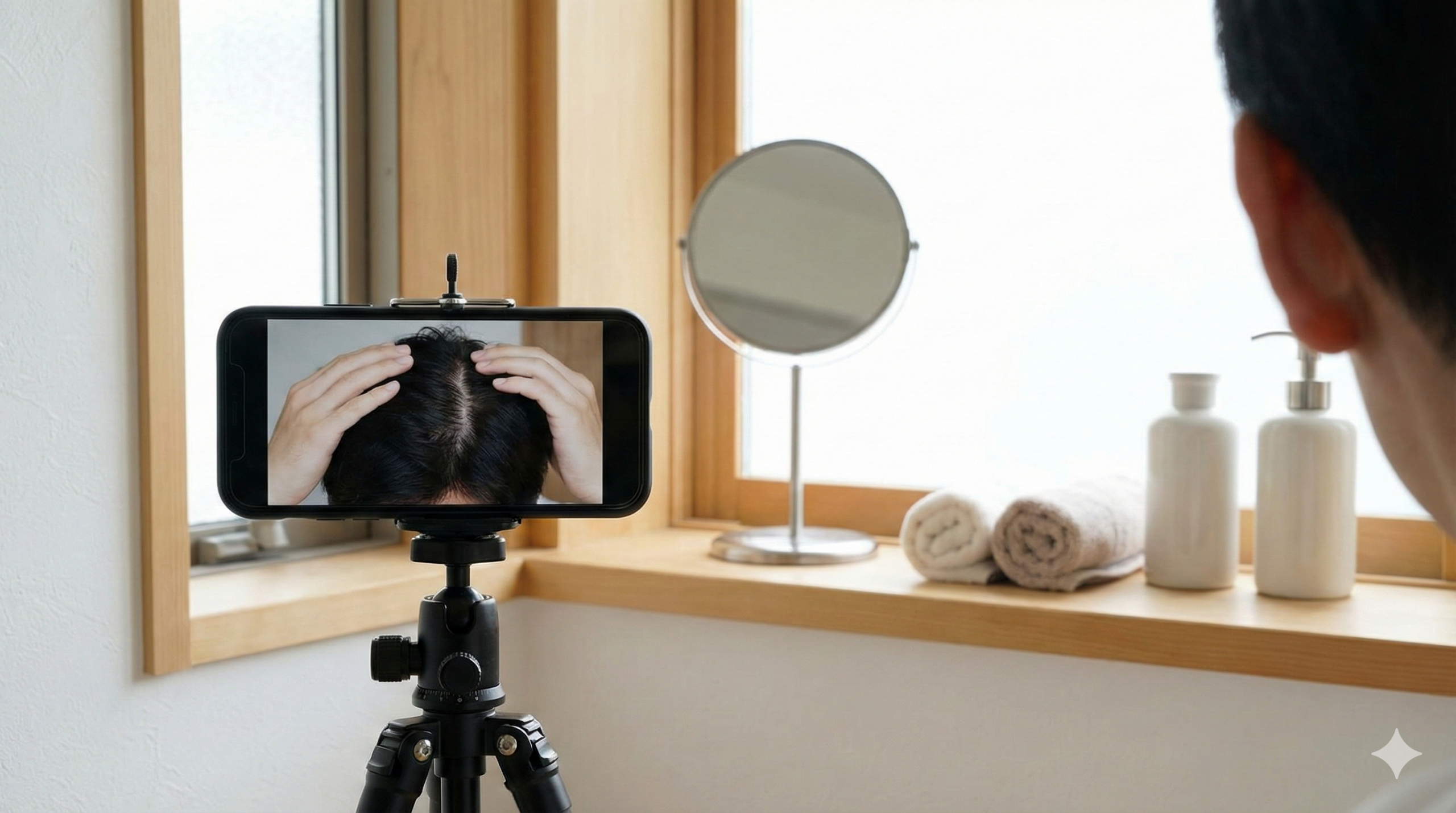 洗面所でスマホを固定し頭頂部を撮影する準備の手元