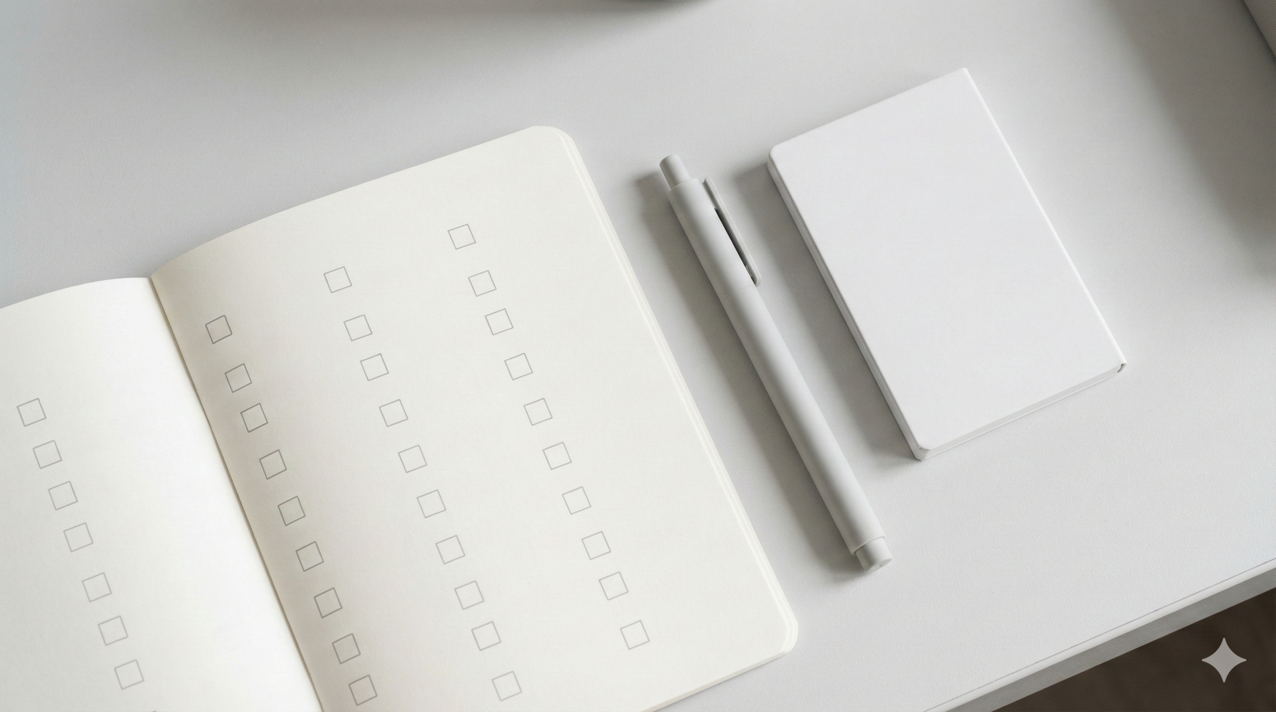 白いノートに空のチェック枠が並ぶデスク上の俯瞰
