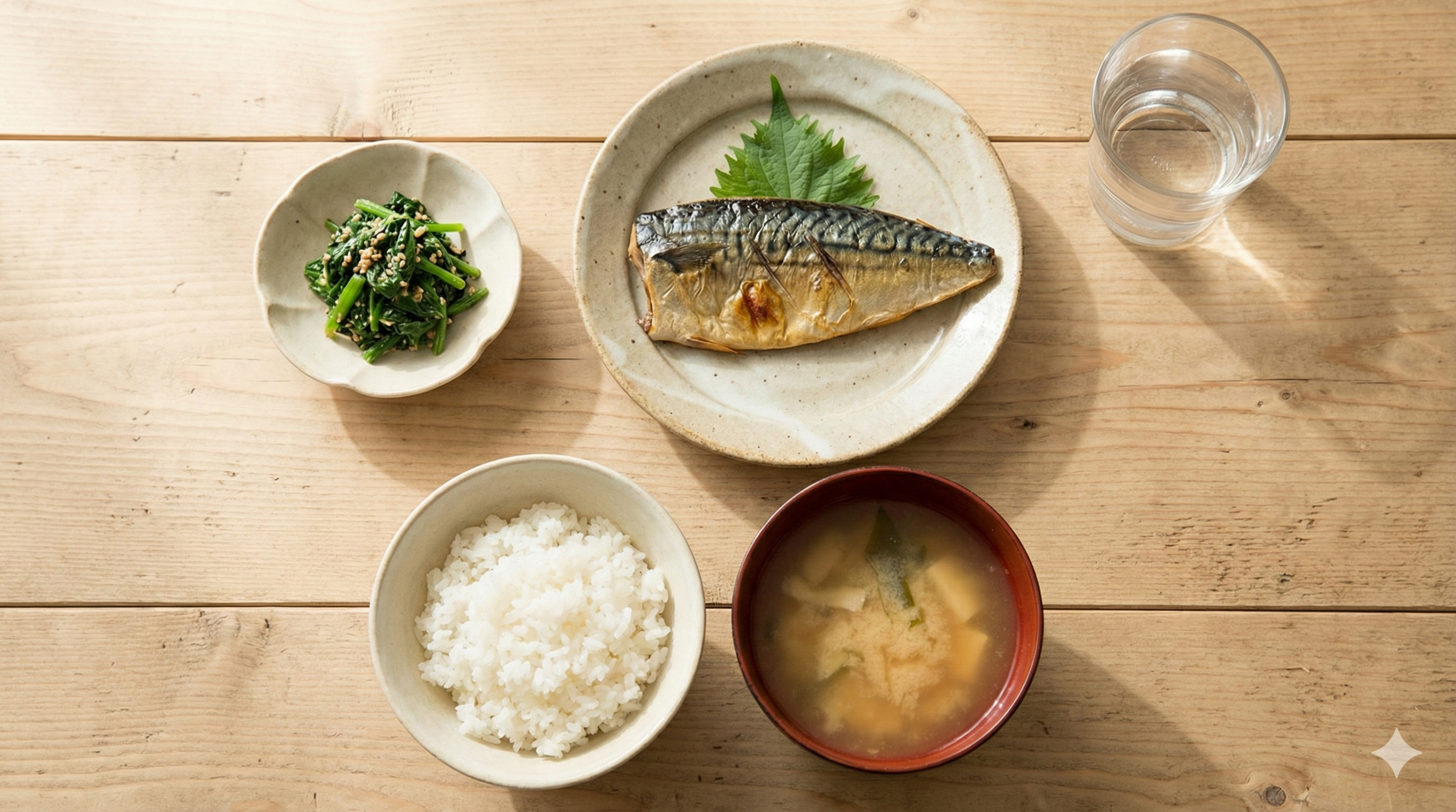 木目のテーブルに和朝食と水が整然と並ぶ様子