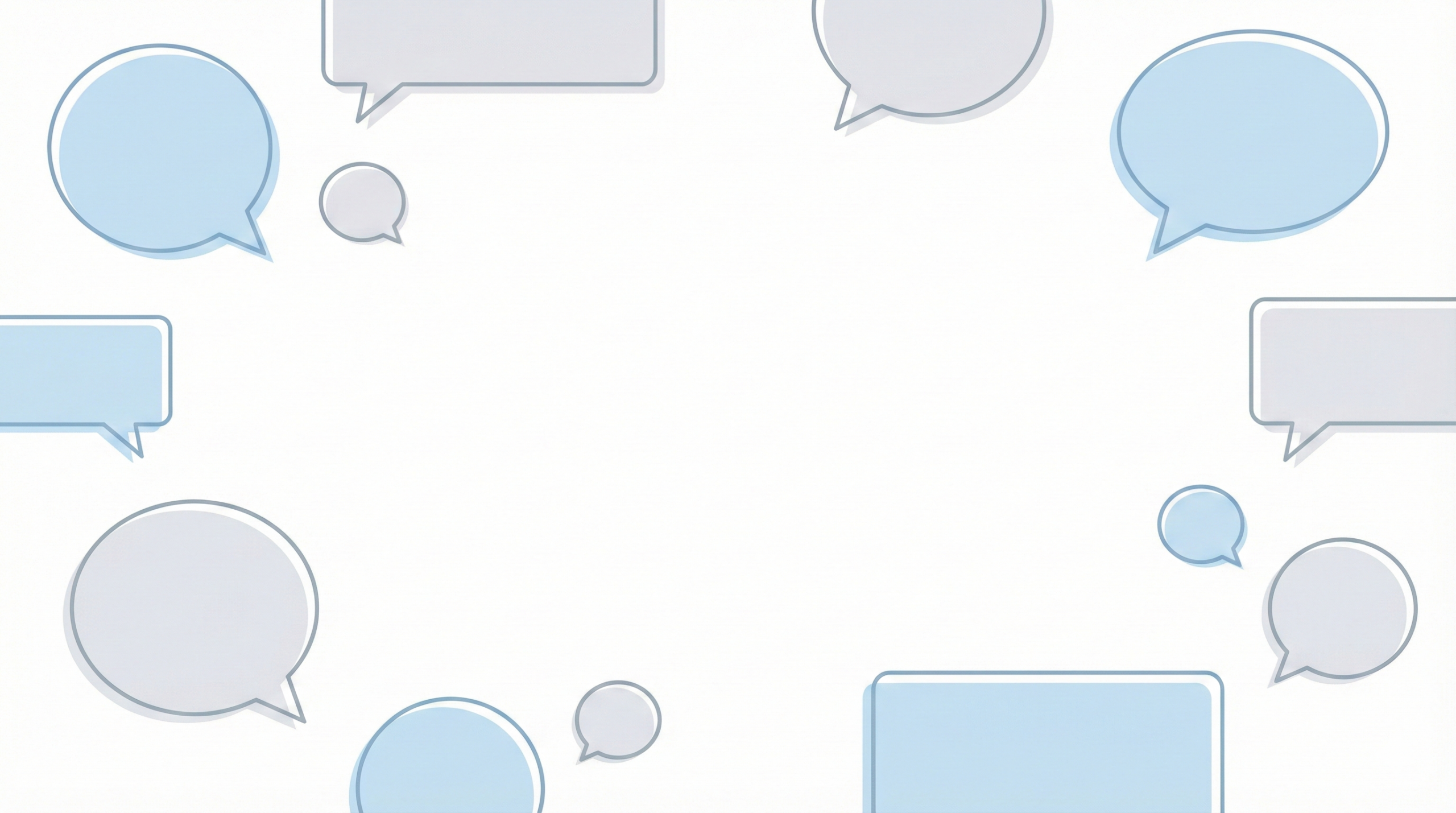 よくある質問の背景図 青とグレーの吹き出しが周囲に並び、中央が空白になった質問用の背景イラスト