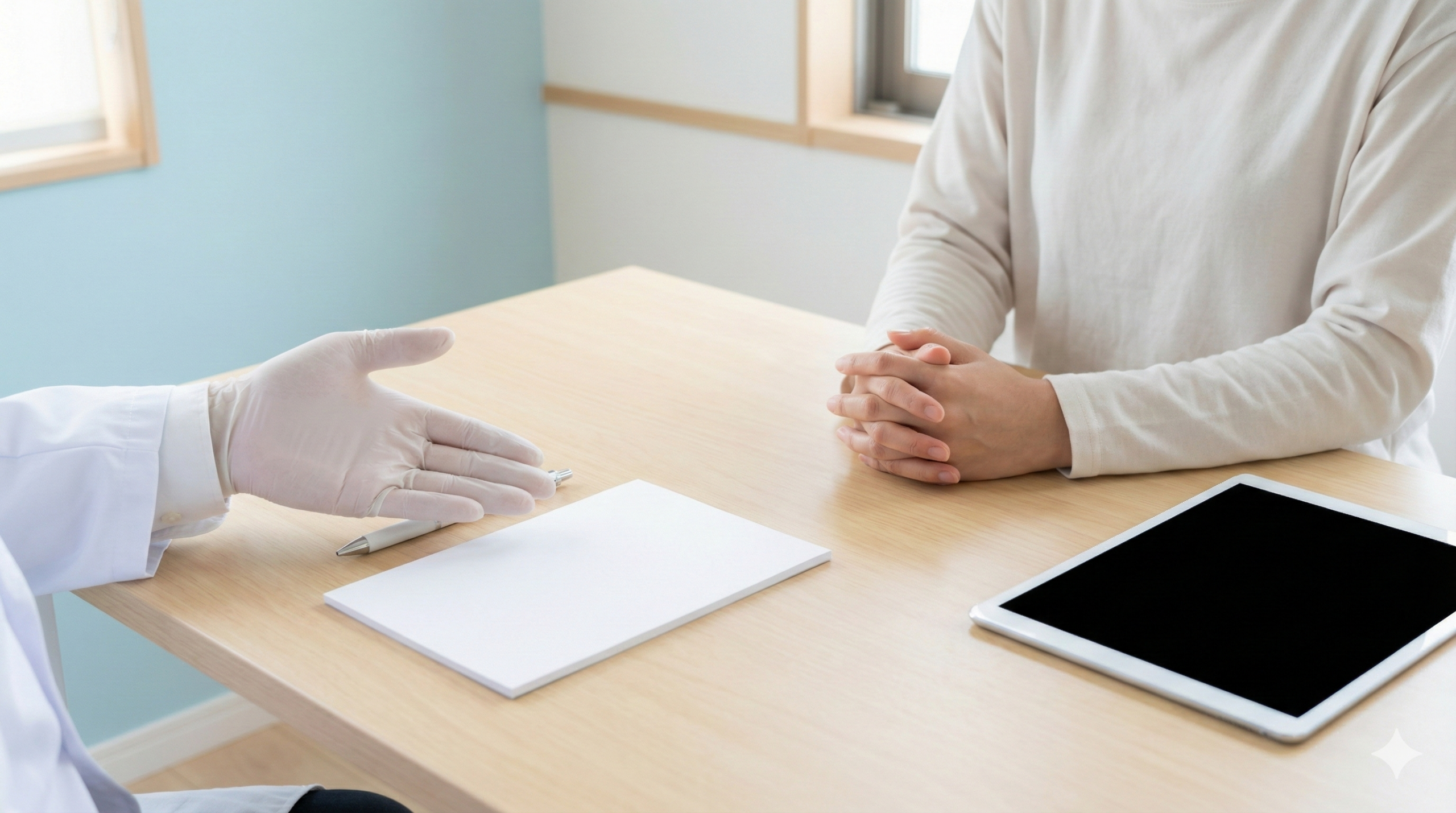 診察室で医師に相談する前の落ち着いた手元