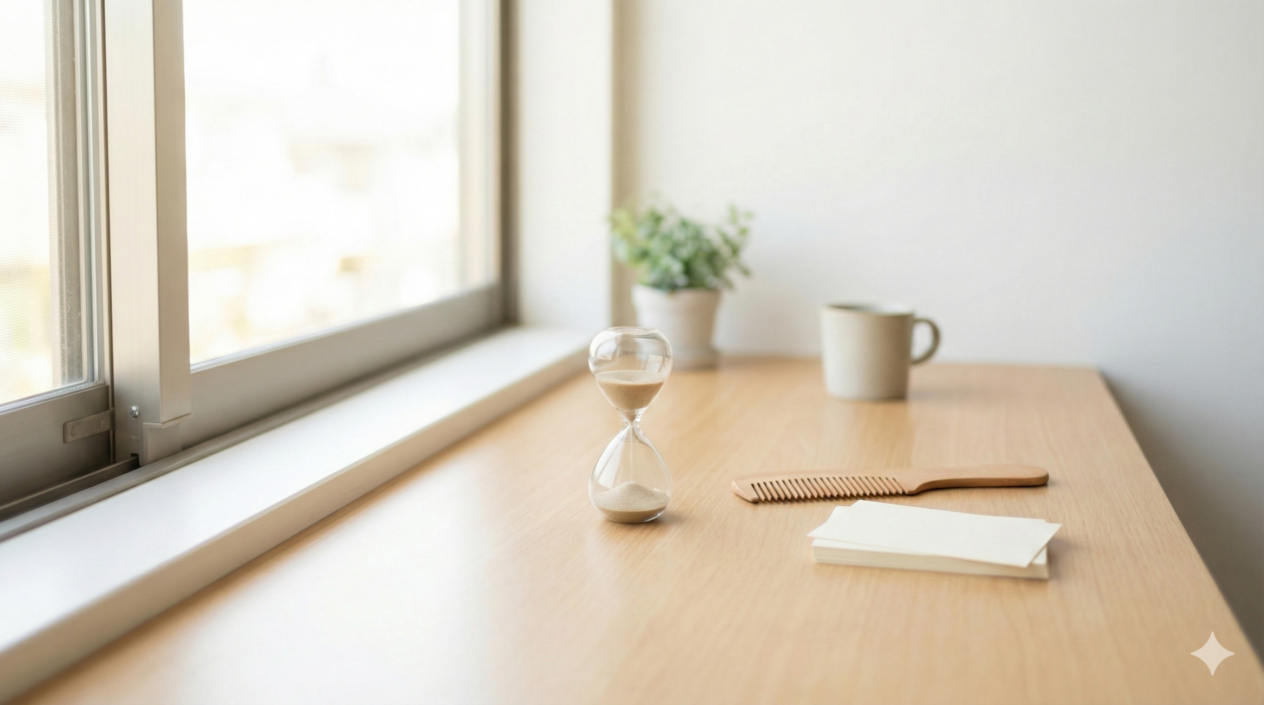 窓際の木の机に砂時計とくし、メモ用紙が置かれた写真（記録して比較するイメージ）