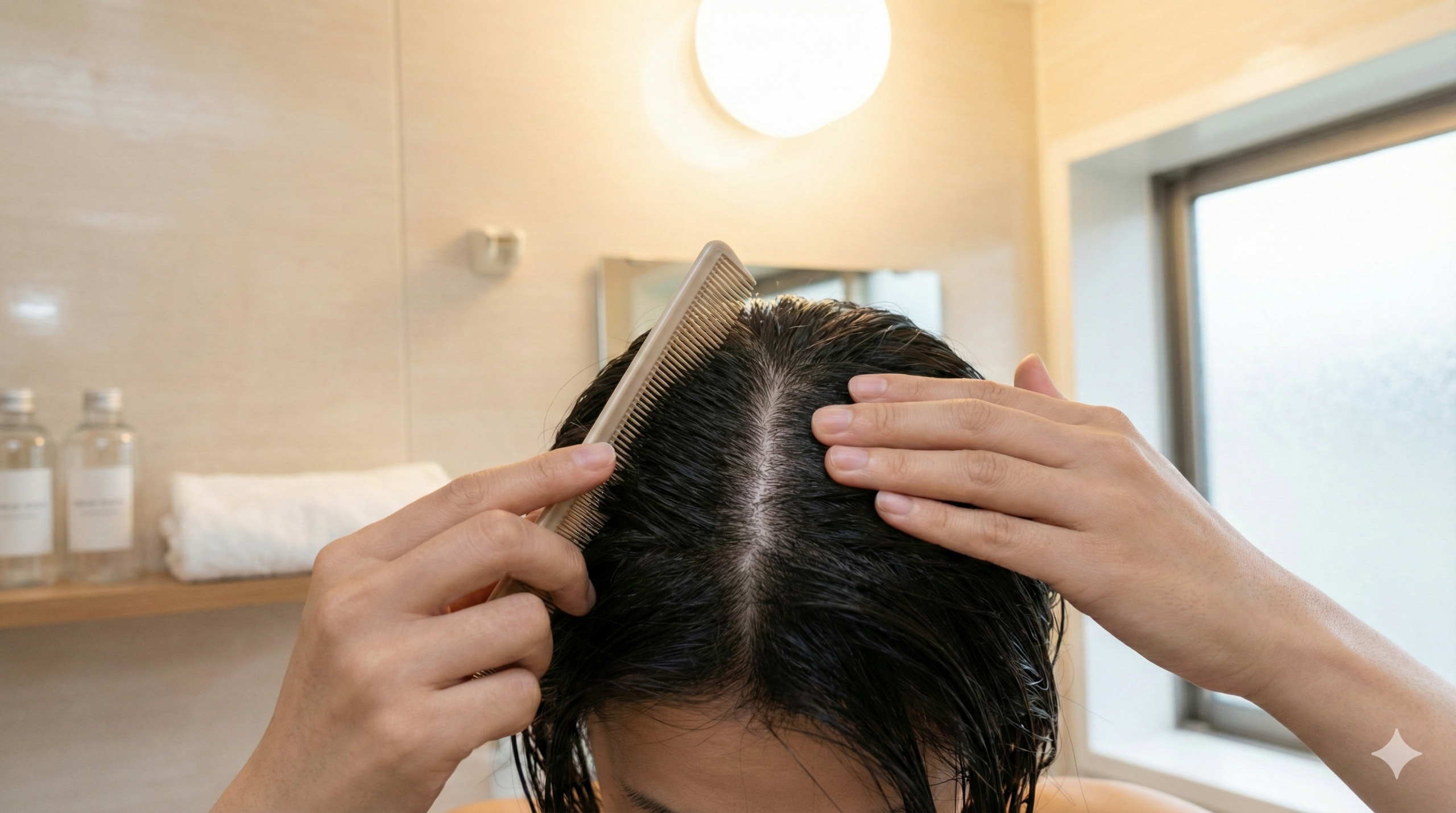 洗面所の強い照明下で分け目を整える手元