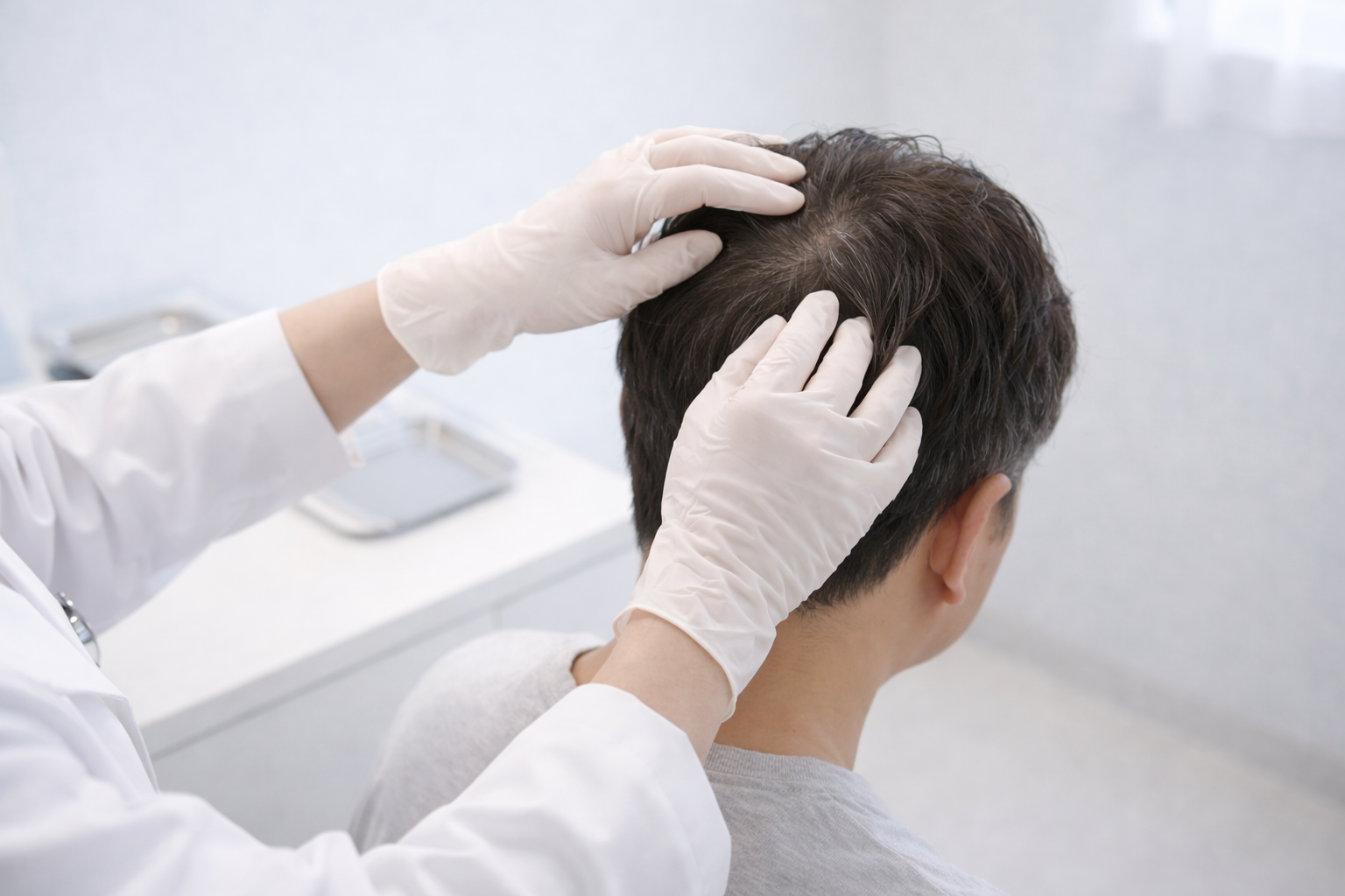 白衣と手袋の医療スタッフが、男性の頭頂部の髪をかき分けて頭皮を確認している様子