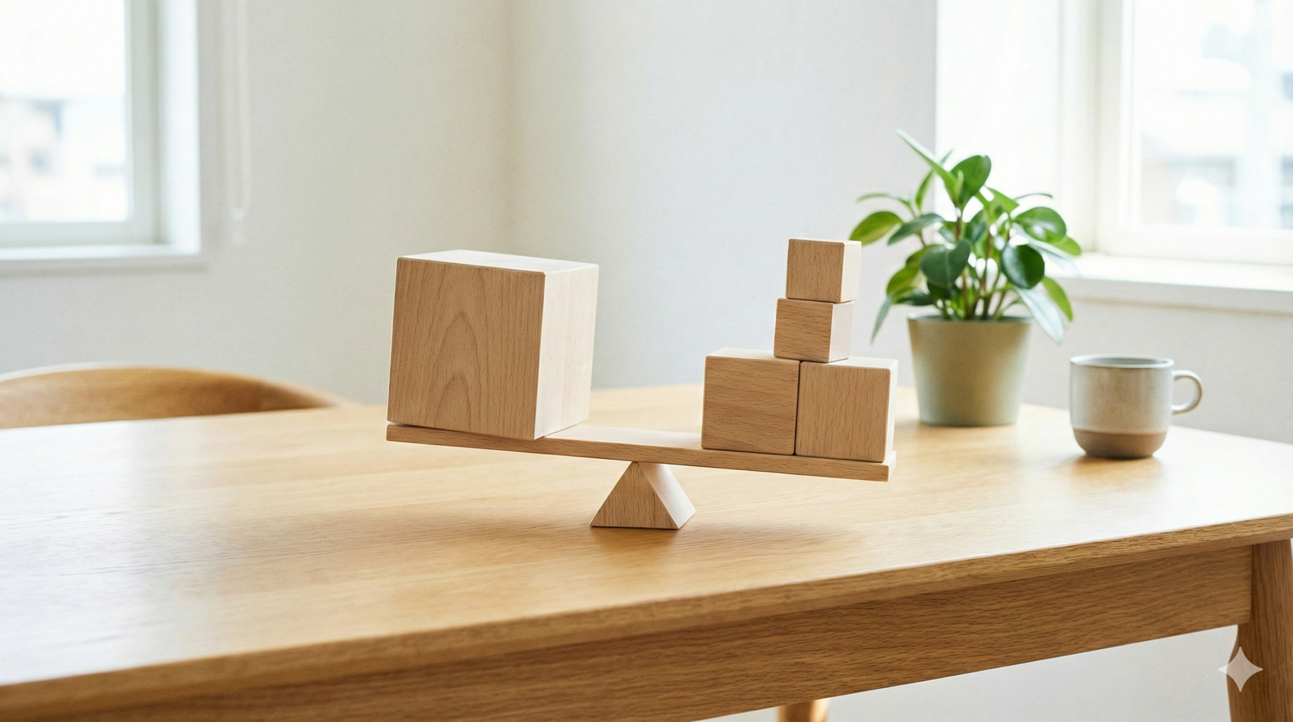 複数の要因を示す木ブロックが整然と並ぶ机上