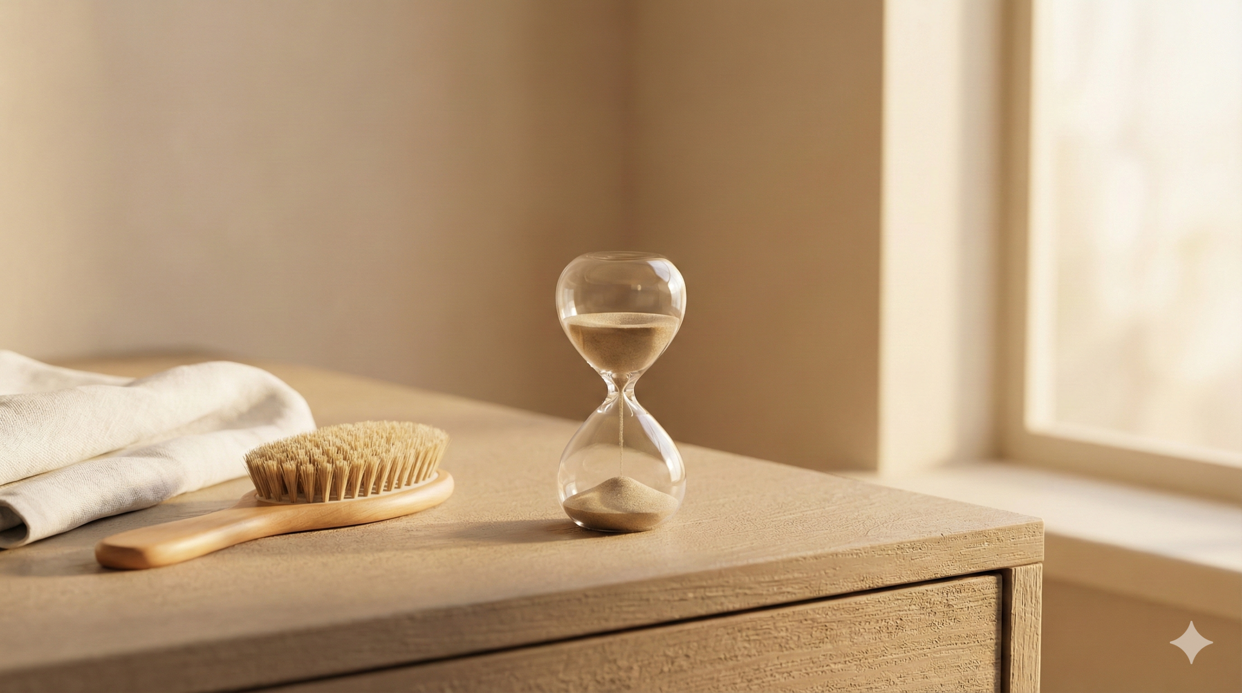 机の上の小さな砂時計と整えたヘアブラシ