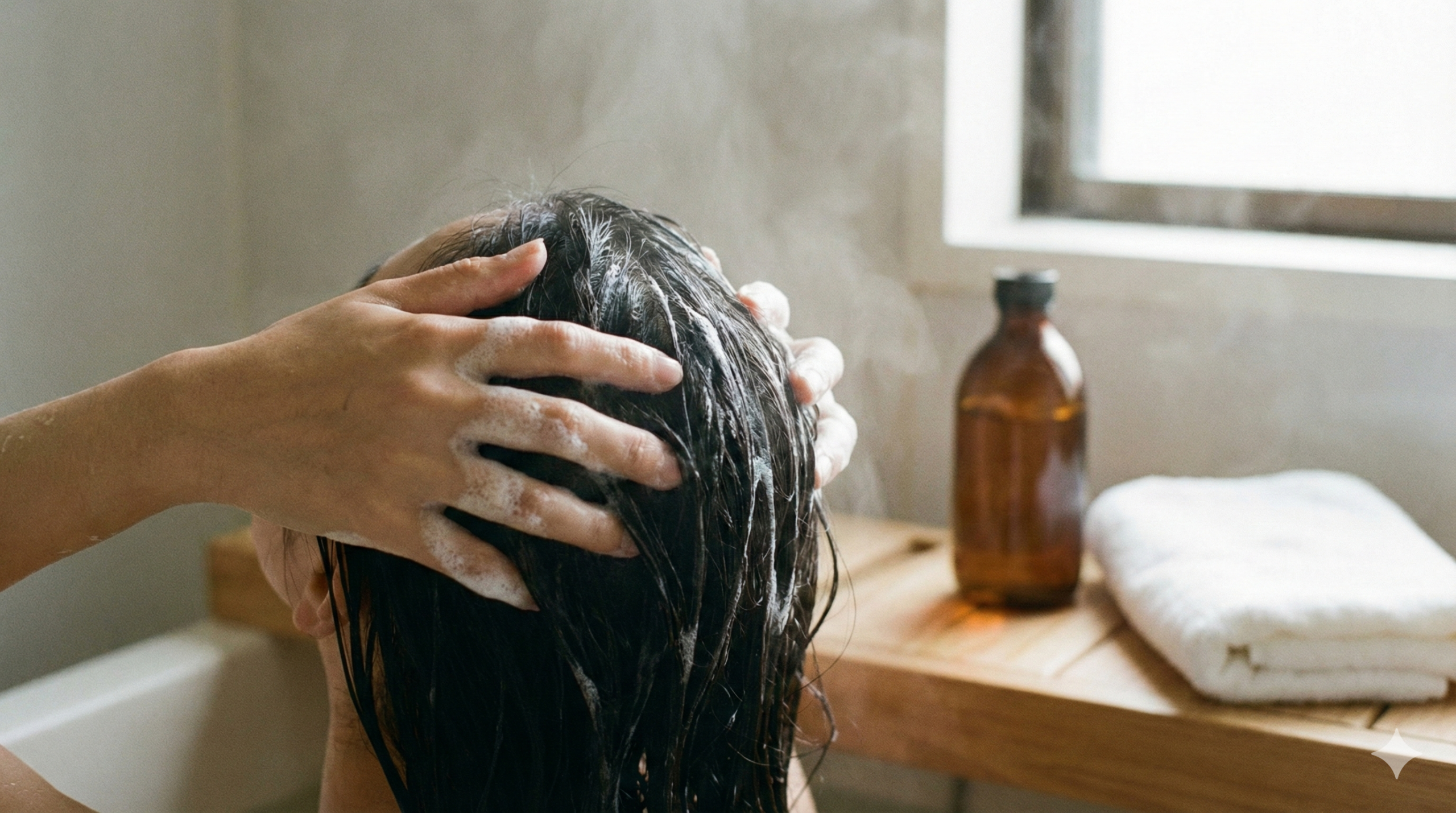 泡立てたシャンプーで指の腹を使う洗髪の手元