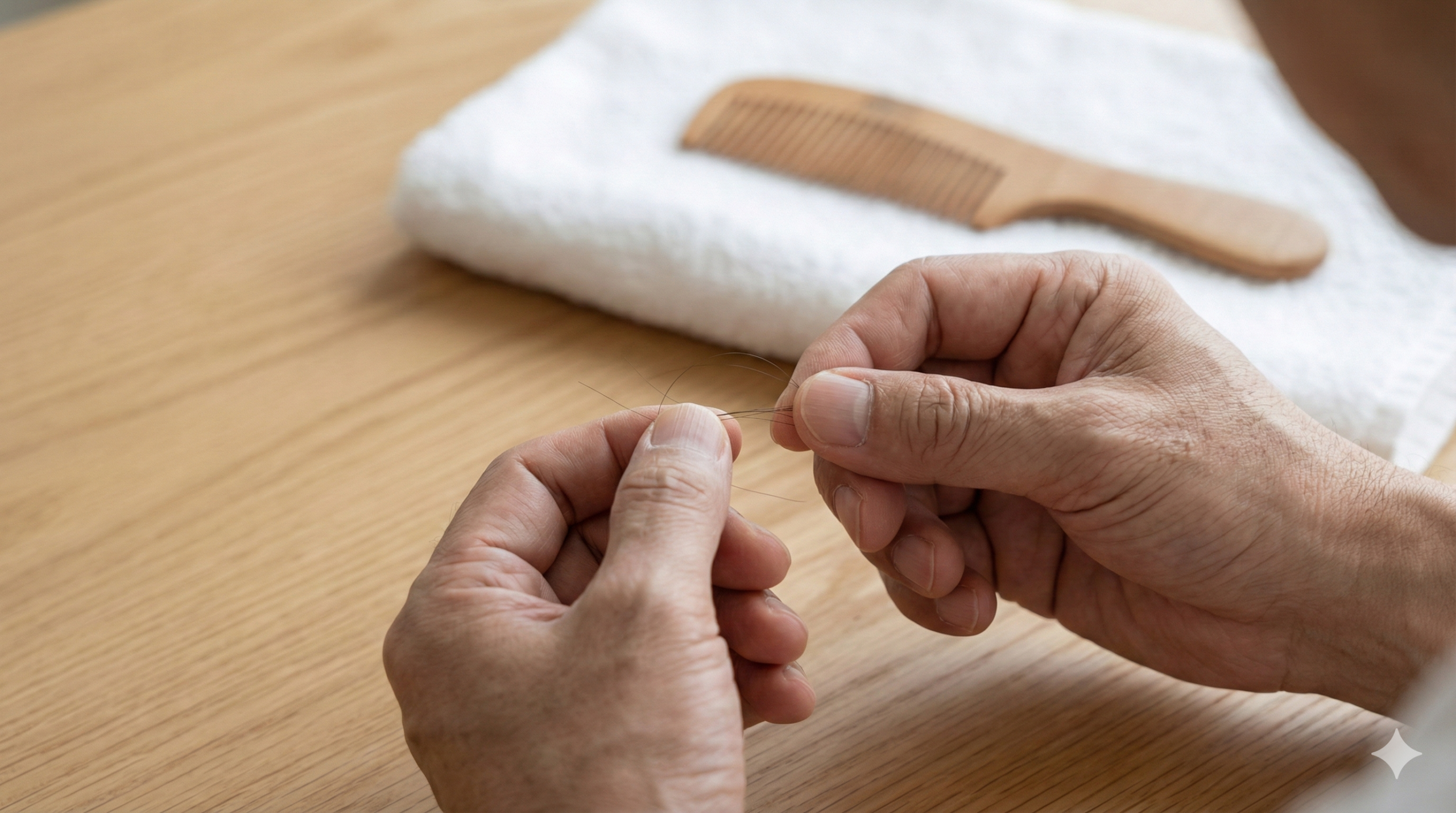 櫛の上に乗る髪を手元でそっと確認する様子