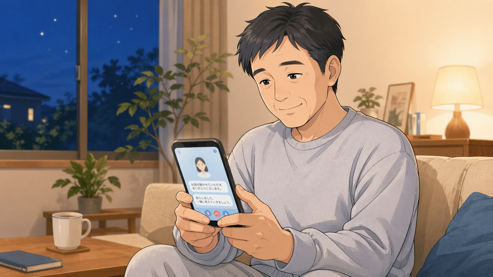 自宅リビングでオンライン相談のスマホ画面を穏やかに見る40代男性。AGA治療のよくある質問をチェックしている様子。