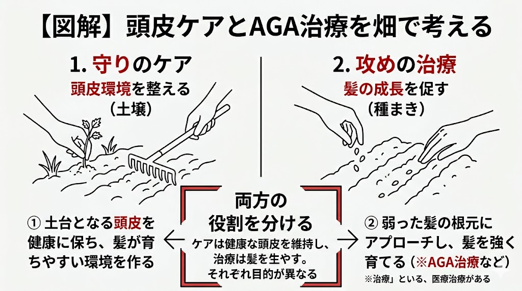 頭皮ケアを畑の土づくり、AGA治療を種まきに例えた図解