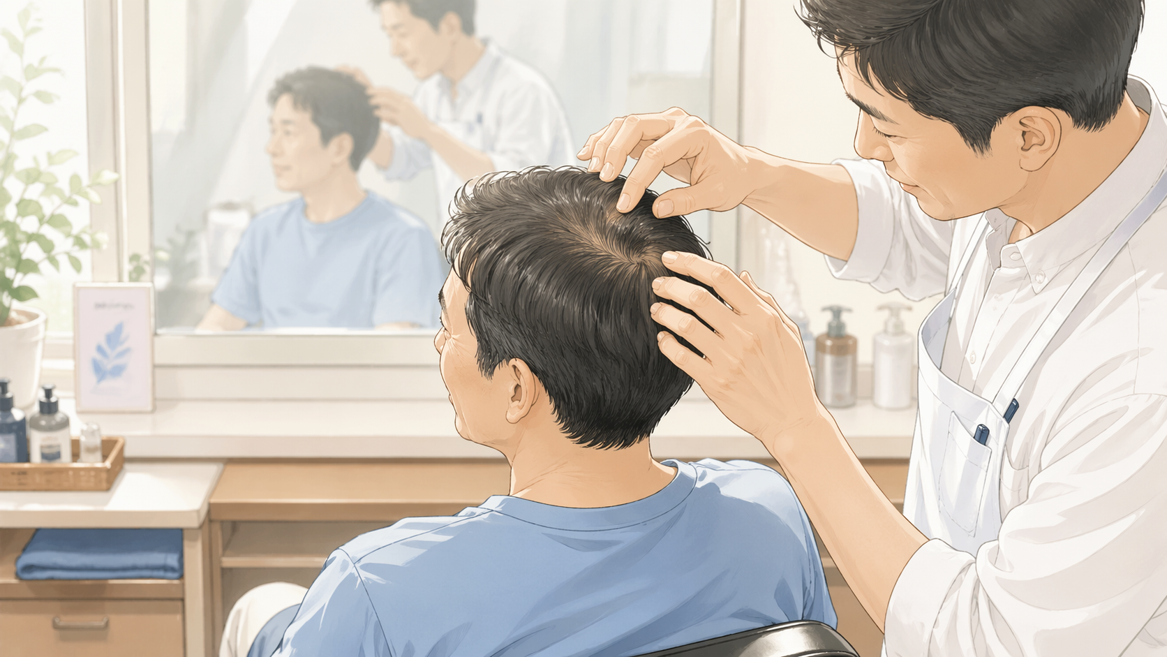 理容室で鏡越しに頭頂部の状態をやさしくチェックする理容師と40代男性のシーン。AGA治療薬が届く範囲を現場で見極める場面。